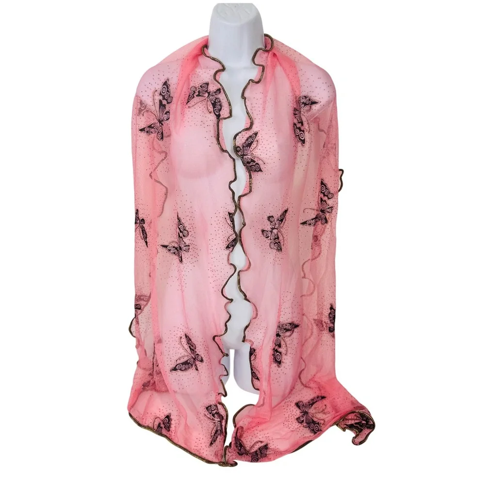 Butterfly Print Mesh Scarf Women OS Pink Sleeveless Glitter Lettuce Edge Sheer